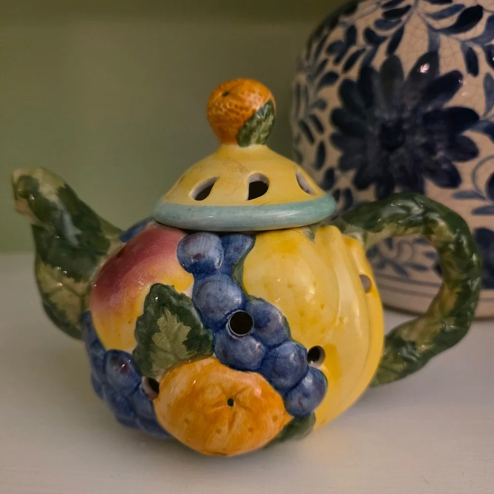 Fitz & Floyd Calypso Fruit Harvest Ceramic Teapot Potpourri‎ Jar w/ Lid